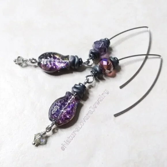 Purple + Black Iridescent Glass Fish Danglers ~ Goth + Beachy! Sea Life Earrings - Picture 8 of 13